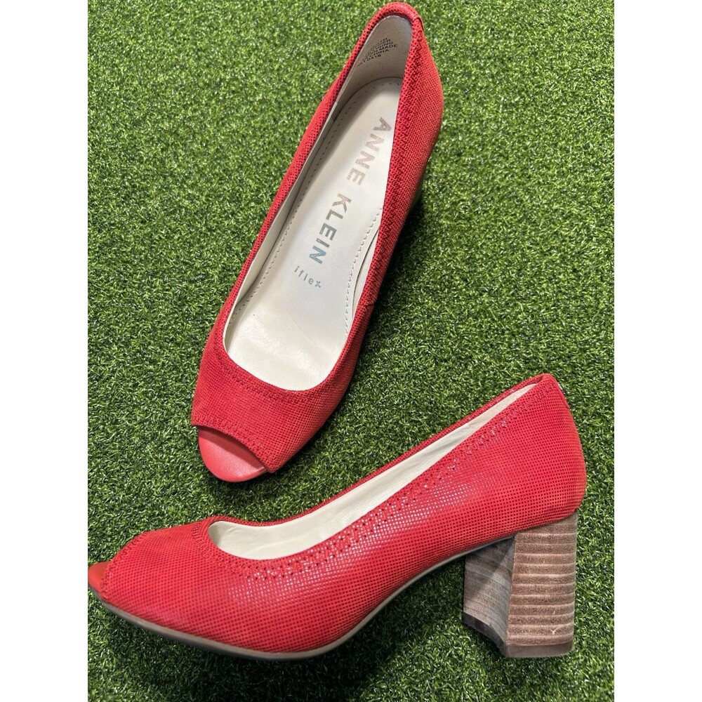 Anne Klein Women's Red Leather Peep Toe Block Heels Size 6.5 Comfort Flex Chic
